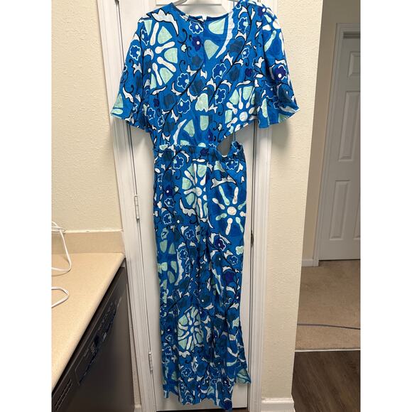 RHODE Zinnia Floral Print Wide Leg Resort Jumpsuit Blue Linen Blend Size Large - Picture 3 of 9